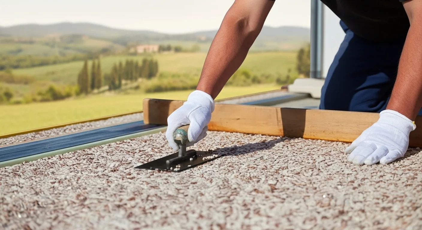 Person verlegt mit Handschuhen und Glättkelle einen hellen Steinteppich auf einer Terrasse vor dem Hintergrund einer italienischen Toskana-Landschaft
