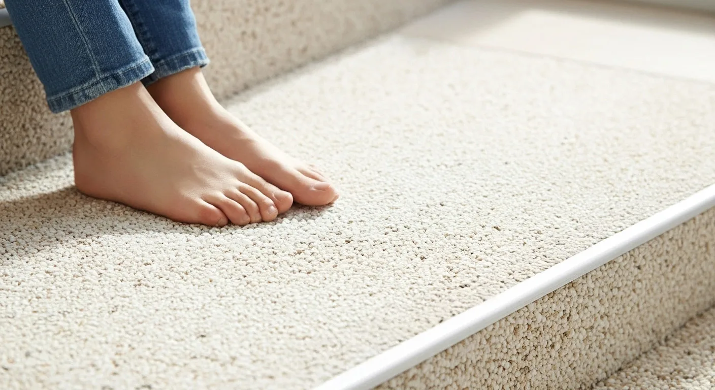 Füße einer Person stehen entspannt auf einer hellen, feinen Steinteppich-Treppe, was das angenehme Laufgefühl betont.