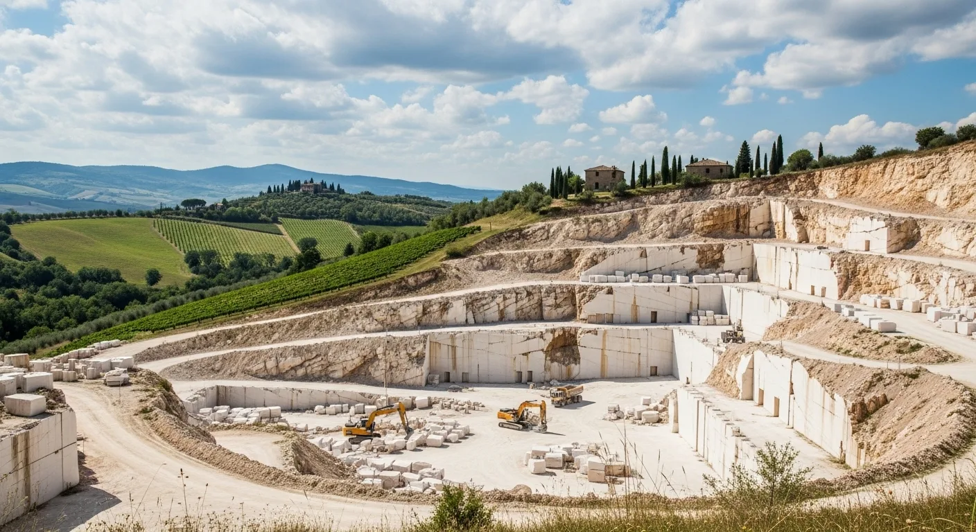 Offener Marmorsteinbruch in einer grünen, hügeligen Landschaft mit Weinbergen und traditionellen italienischen Häusern.
