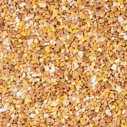 Nahaufnahme von beigem und gelbem Steinteppichmix mit kleinen Kieselsteinen