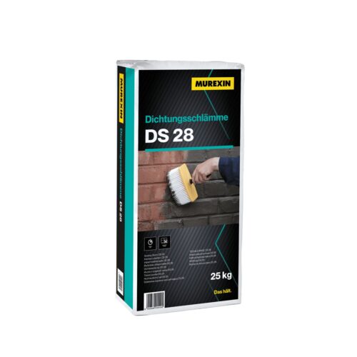 Sack Dichtungsschlämme DS 28 von Murexin, zementgrau, auf Ziegelmauer aufgetragen