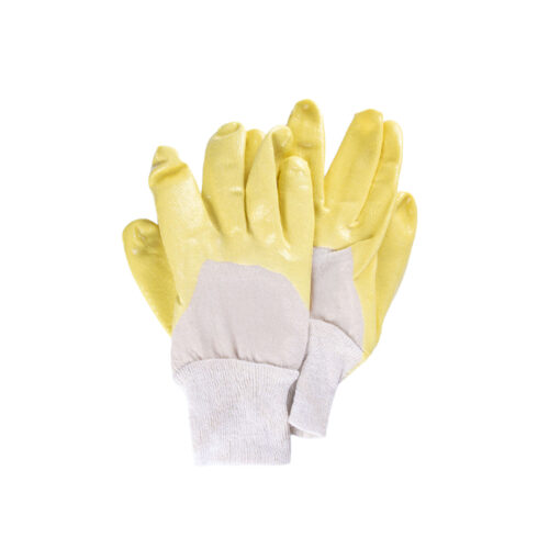 Zwei Paar gelbe Nitril-Handschuhe mit weißen Bündchen auf weißem Hintergrund