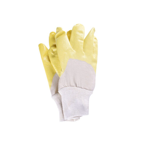 Gelbe Arbeitshandschuhe mit beiger Baumwollmanschette auf weißem Hintergrund