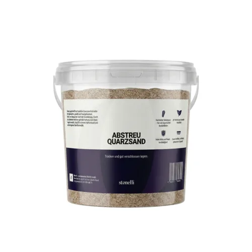 Transparenter Kunststoffeimer mit Quarzsand, Etikett mit Aufschrift 'ABSTREU QUARZSAND' und Gebrauchsanweisung