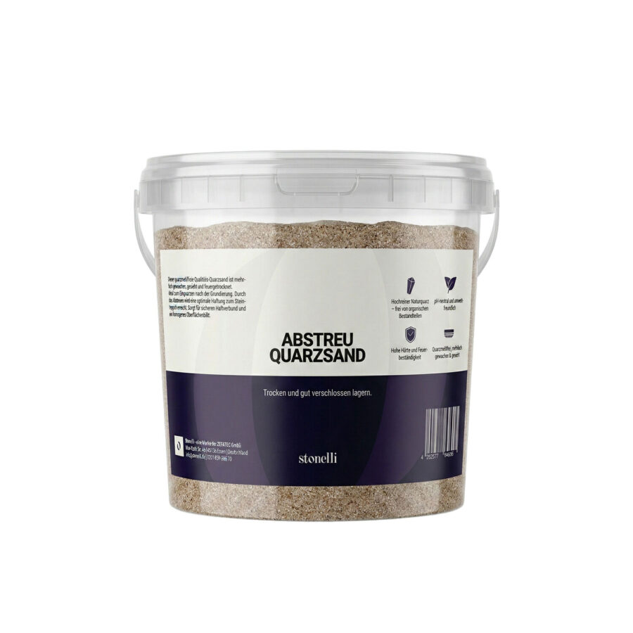Transparenter Kunststoffeimer mit Quarzsand, Etikett mit Aufschrift 'ABSTREU QUARZSAND' und Gebrauchsanweisung