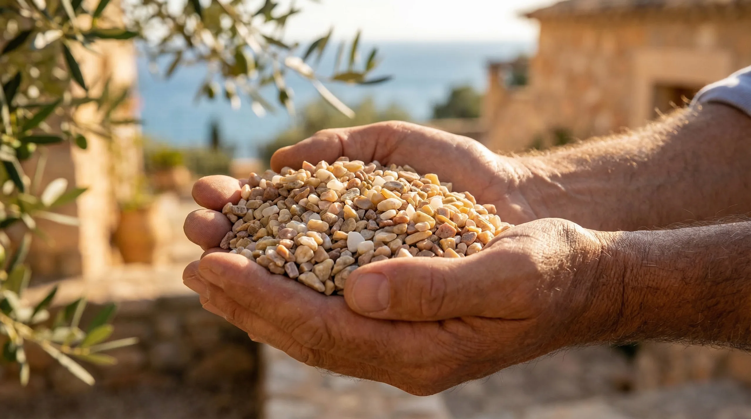 Hände halten Steinteppich, umgeben von mediterraner Landschaft mit Olivenbaum