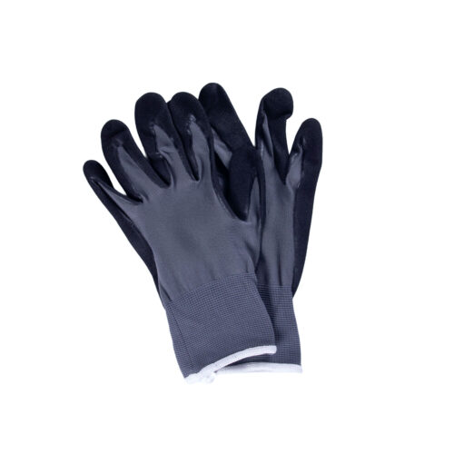 Ein Paar grau-schwarze Montagehandschuhe aus Nylon und Nitril auf weißem Hintergrund