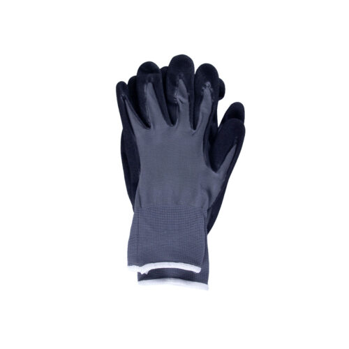 Grau-schwarze Montagehandschuhe aus Nylon und Nitril, auf weißem Hintergrund