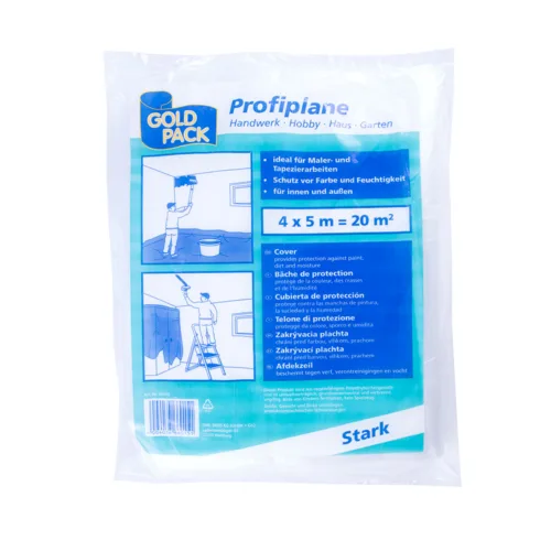 Verpackte transparente Abdeckplane 4x5 m, LDPE, auf weißem Hintergrund