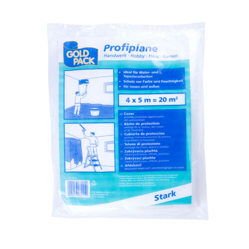 Verpackte transparente Abdeckplane 4x5 m, LDPE, auf weißem Hintergrund