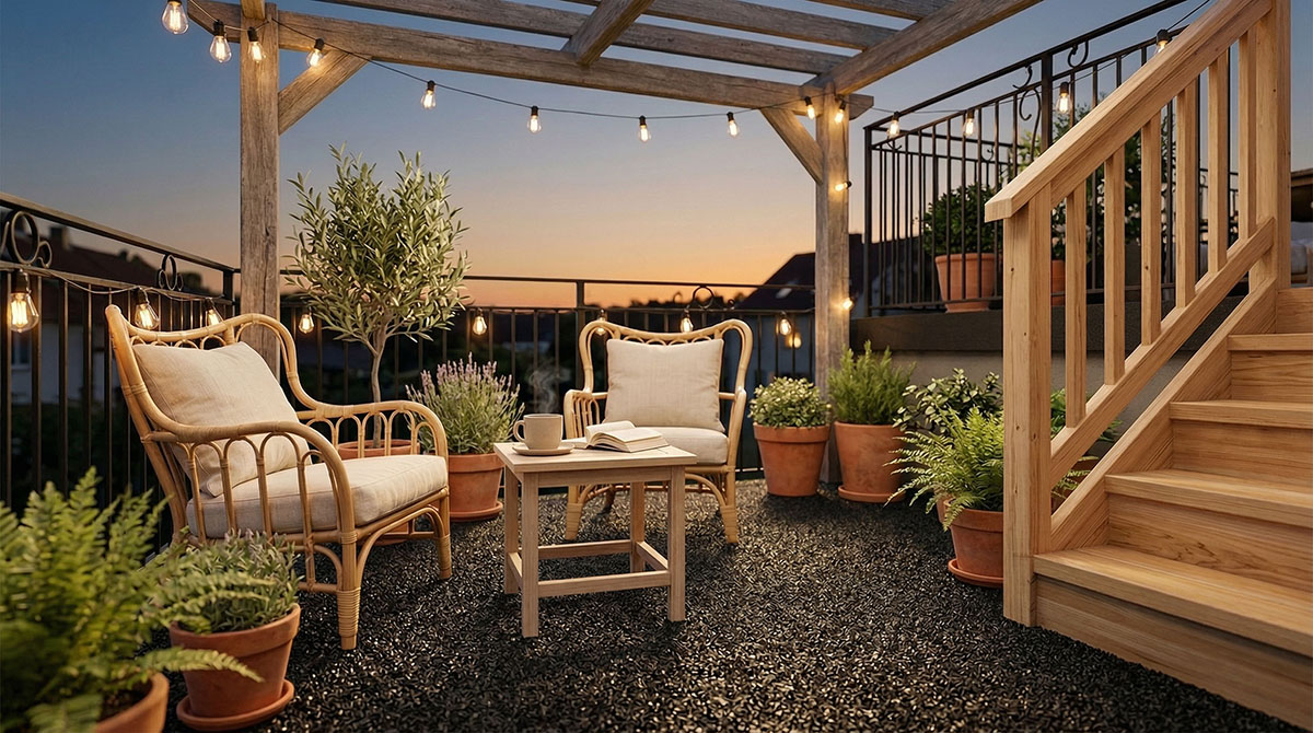 Terrasse mit Steinteppich, Holzmöbeln, Pflanzen und Lichterkette bei Sonnenuntergang