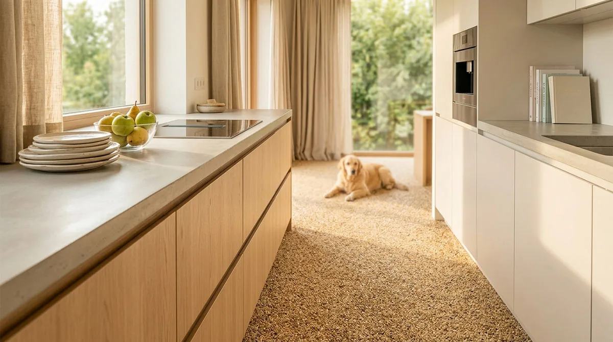 Heller Küchenraum mit weißem Schrank, Steinteppich, großer Fensterfront und liegendem Hund