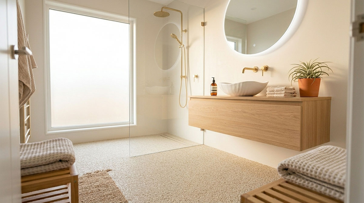 Helles Badezimmer mit Steinteppich, Holzmöbeln, runder Spiegel und Regendusche