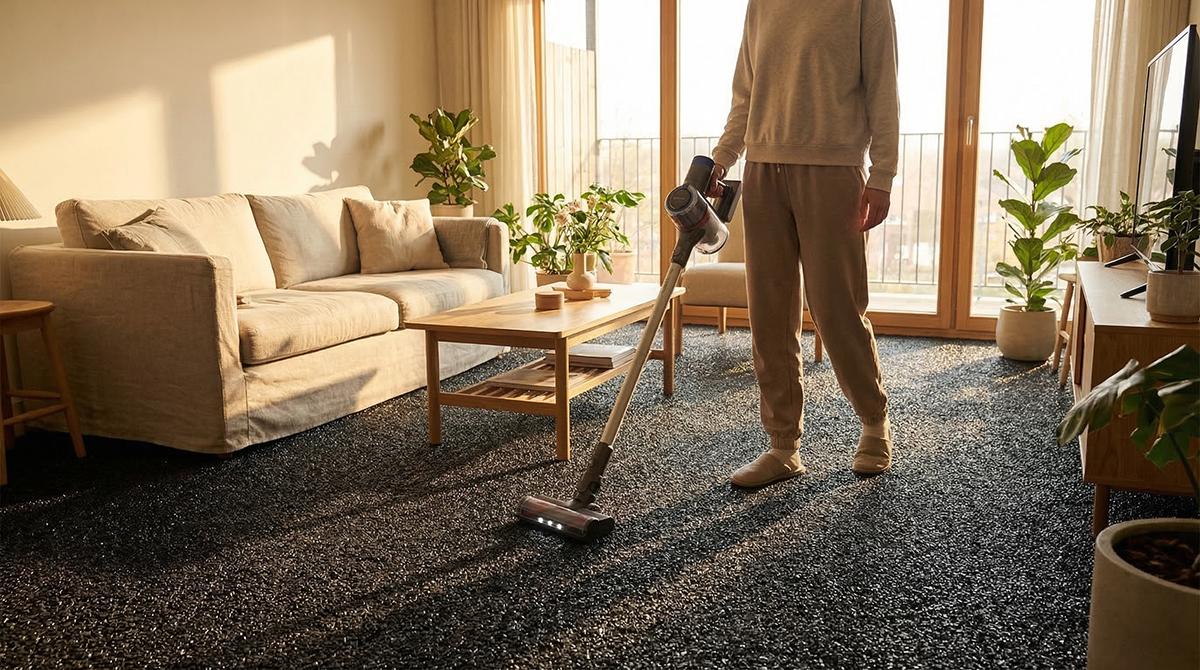Person mit Staubsauger auf schwarzem Steinteppich in hellem Wohnzimmer mit Pflanzen