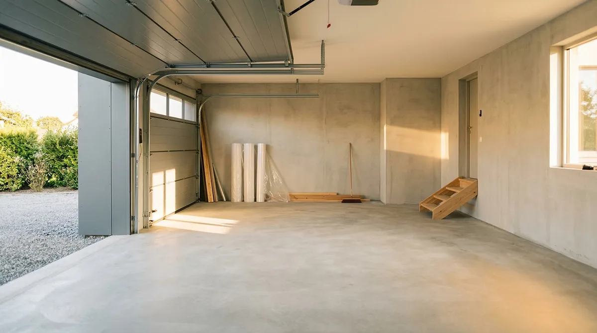 Leere Garage mit offenem Tor, Betonboden, Holzstufen und Tageslicht