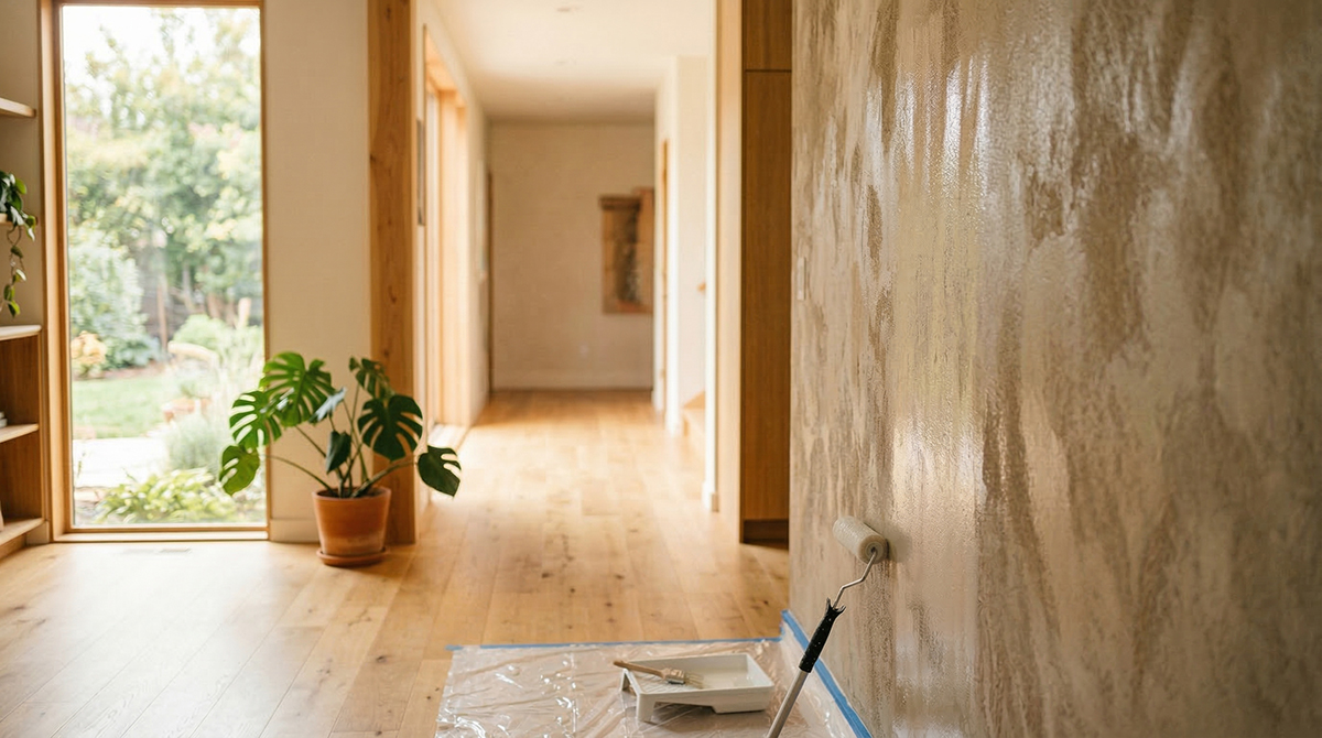 Flur mit hellem Holzboden, Grundierung an der Wand und ein Fenster mit Blick auf den Garten