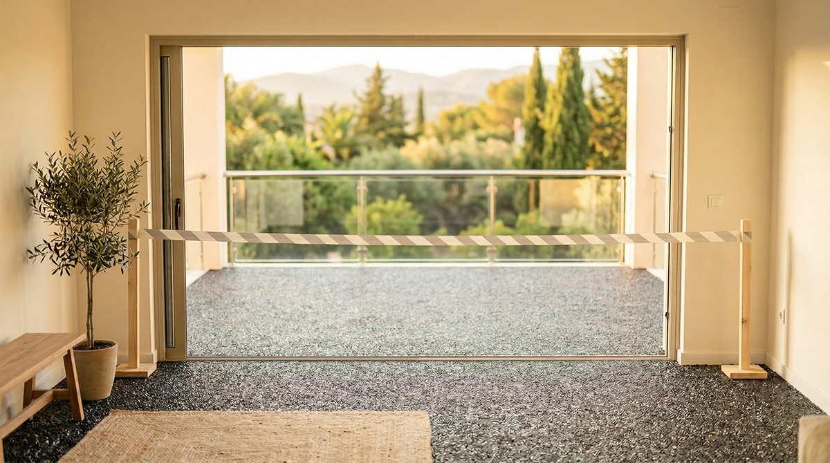 Offener Raum mit Steinteppich, welcher gerade trocknet