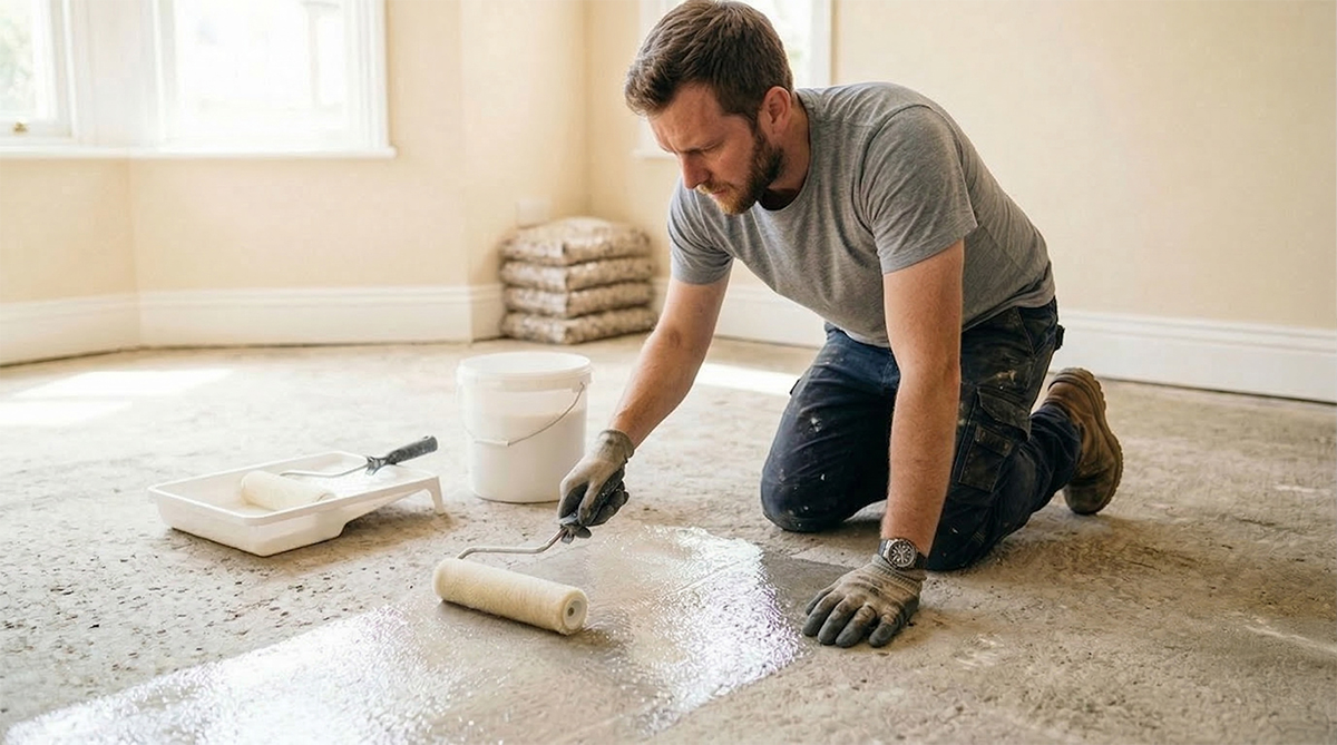 Mann kniet auf Boden und verlegt Steinteppich in hellem Raum