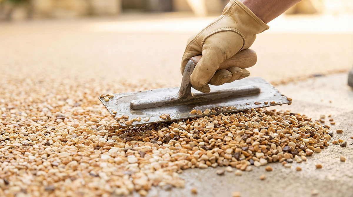 Hand mit Handschuh verwendet Glättkelle auf einem Steinteppich aus beigen und braunen Steinen im Freien