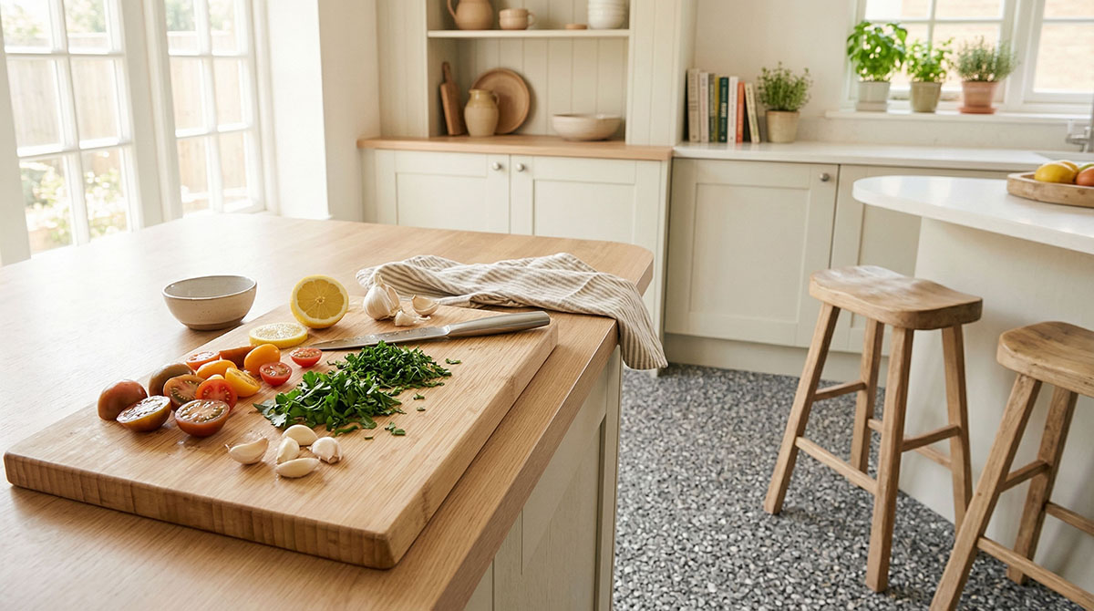 Lichtdurchflutete Küche mit Holzarbeitsplatte, Kräutern und Gemüse auf Schneidebrett