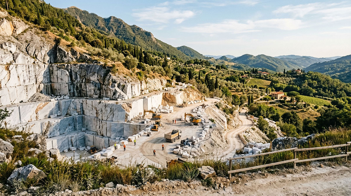 Marmorsteinbruch in hügeliger Landschaft, umgeben von grünen Bäumen und Bergen