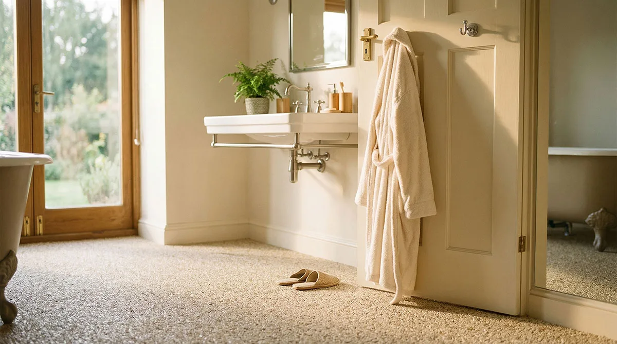 Badezimmer mit beigem Steinteppich, Waschtisch, Spiegel und Bademantel an der Tür