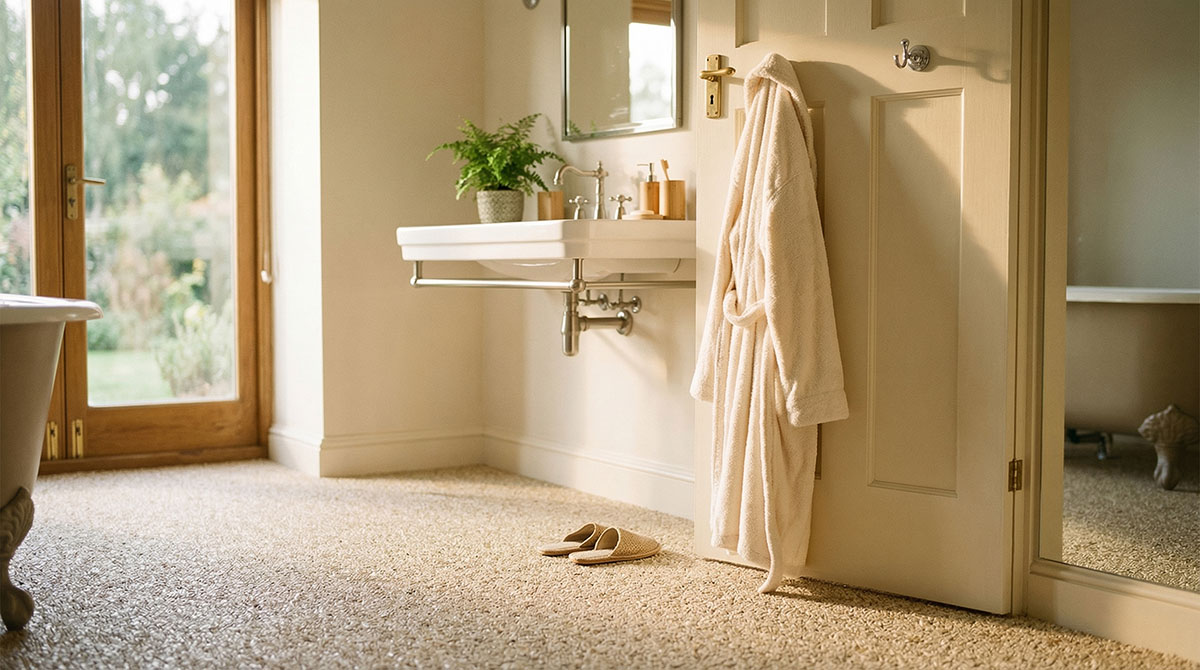 Badezimmer mit beigem Steinteppich, Waschtisch, Spiegel und Bademantel an der Tür