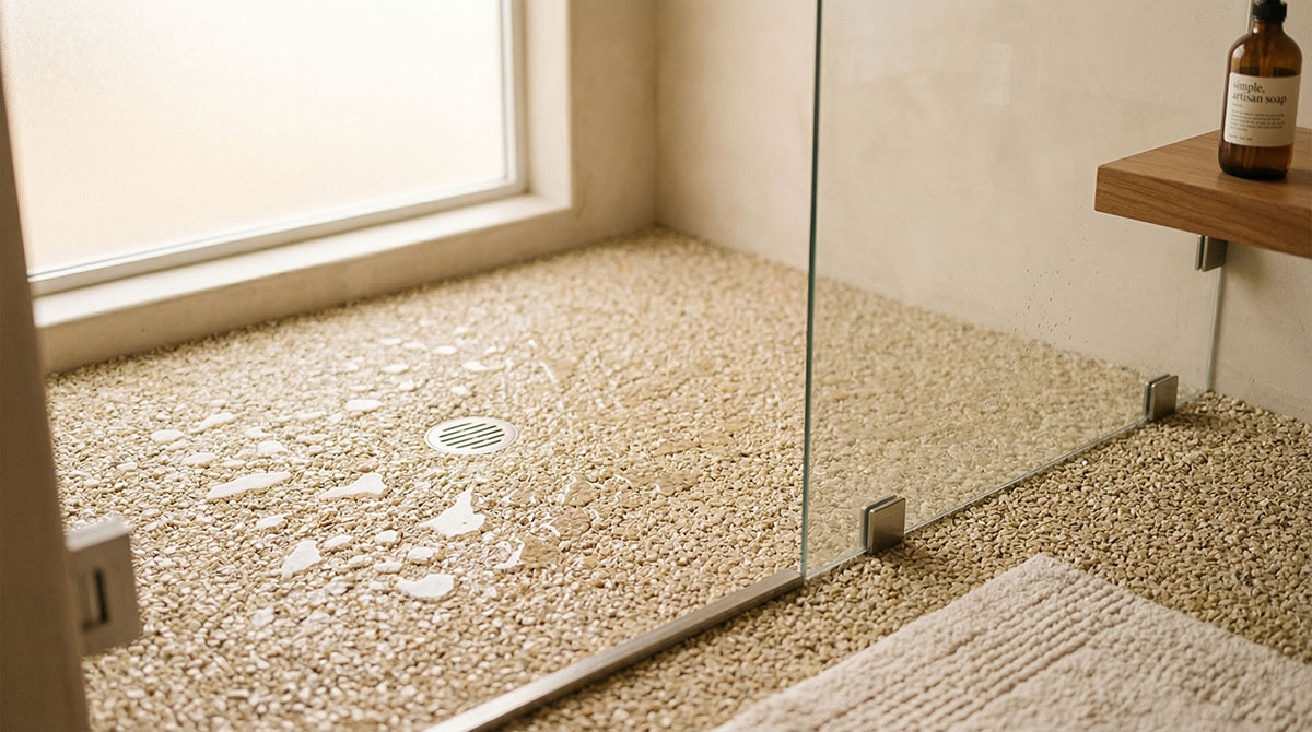 Duschbereich mit beigem Steinteppich, Glaswand und Holzablage