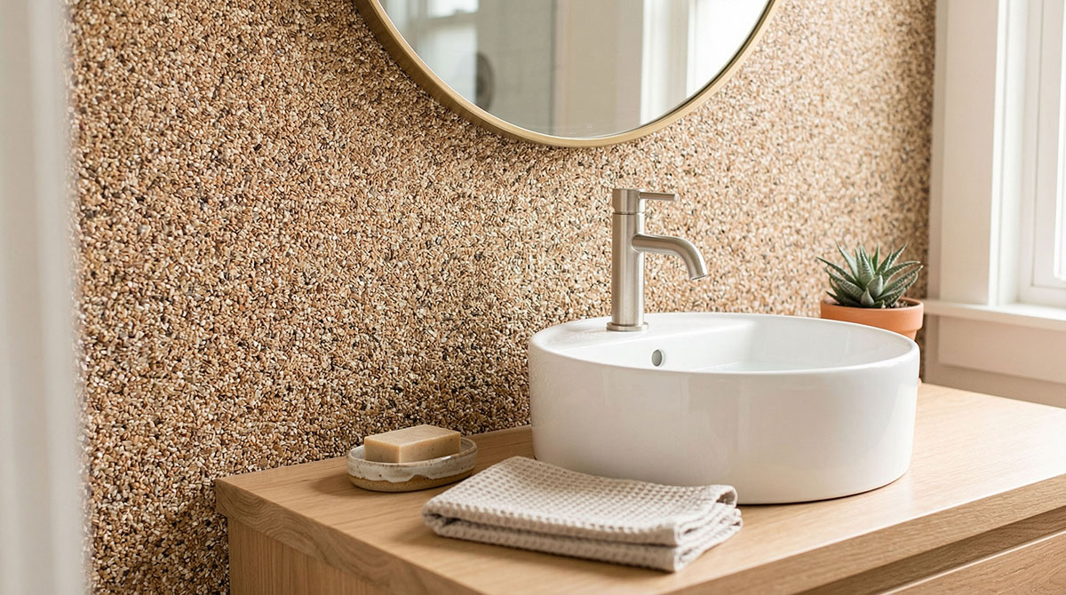 Runder Spiegel über weißem Waschbecken auf Holzunterschrank vor Steinteppich-Wand mit Pflanze