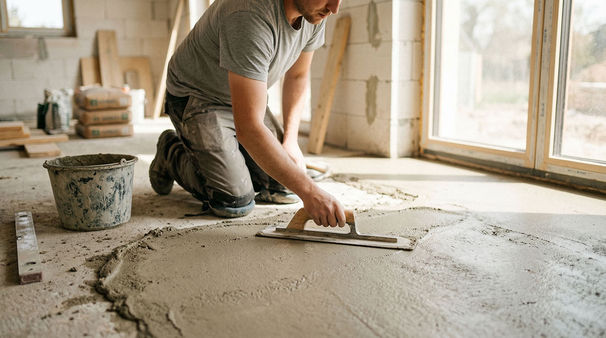 Mann kniet auf Boden und glättet frischen Beton mit einem Werkzeug, helle Baustelle im Hintergrund