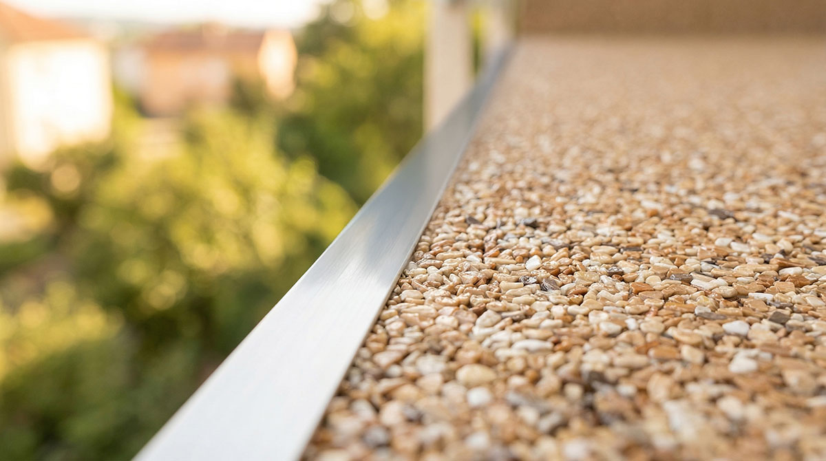 Nahaufnahme eines Steinteppichs auf einer Terrasse mit Abschlussleiste