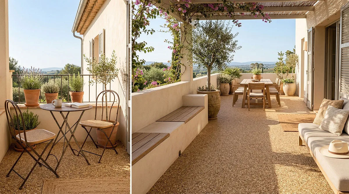 Terrasse mit hellem Steinteppich, Tisch, Stühlen, Pflanzen und Blick auf Landschaft vs. Balkon mit Tisch, Stühlen, Pflanzen und Blick auf Landschaft