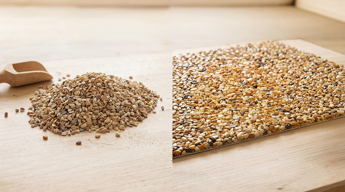 Haufen aus kleinen Kieselsteinen neben einem fertigen Steinteppich Musterstück