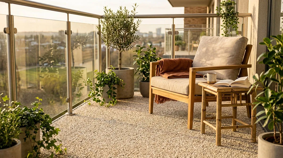 Balkon mit Steinteppich, Holzstuhl, Tisch, Pflanzen in Töpfen und Glasgeländer