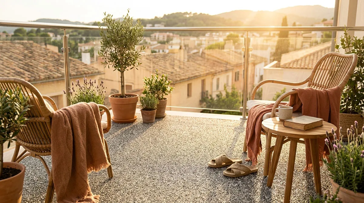 Balkon mit Steinteppich, zwei Rattanstühlen, Pflanzen, und Aussicht auf Dächer im Sonnenuntergang
