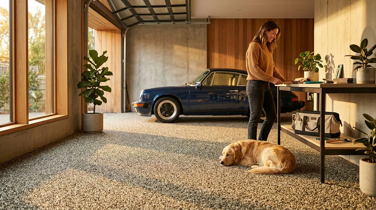 Moderner Raum mit Steinteppich, Auto, Hund im Vordergrund, Pflanzen und Holzwänden
