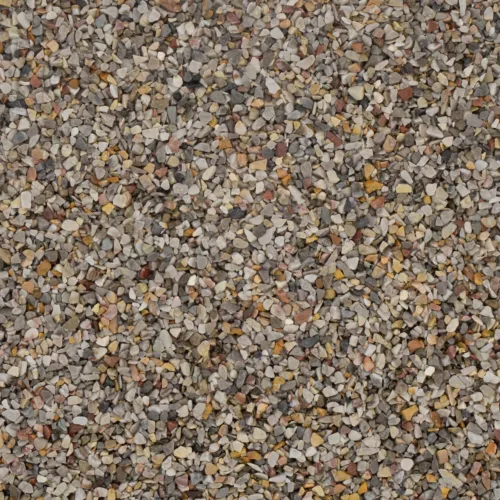 Nahaufnahme eines bunten Marmorkies-Steinbelags mit Körnung von 2-4 mm