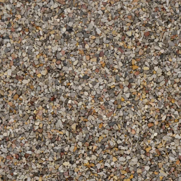 Nahaufnahme eines bunten Marmorkies-Steinbelags mit Körnung von 2-4 mm