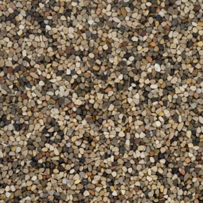 Nahaufnahme eines bunten Steinteppichs mit 4-7 mm Marmorkies in verschiedenen Beige- und Brauntönen