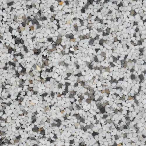 Nahaufnahme von Steinteppich mit 4-7 mm Marmorkies in Schwarz, Weiß und Braun