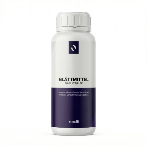 Weiße Flasche Glättmittel PU-Glätthilfe mit blauem Etikett auf weißem Hintergrund