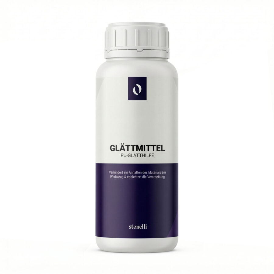 Weiße Flasche Glättmittel PU-Glätthilfe mit blauem Etikett auf weißem Hintergrund