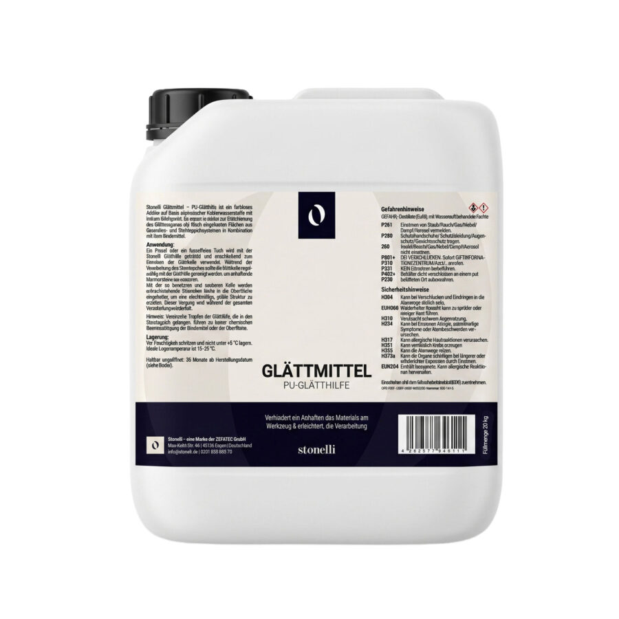 Weißer Kanister mit Etikett für Glättmittel PU-Glätthilfe, 20 kg