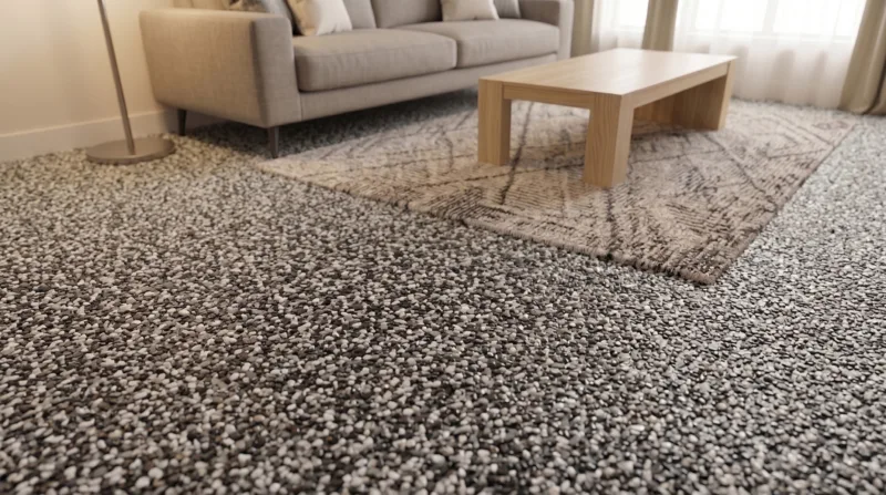 Grauer Teppich mit geometrischem Muster in modernem Wohnzimmer mit Sofa und Holztisch