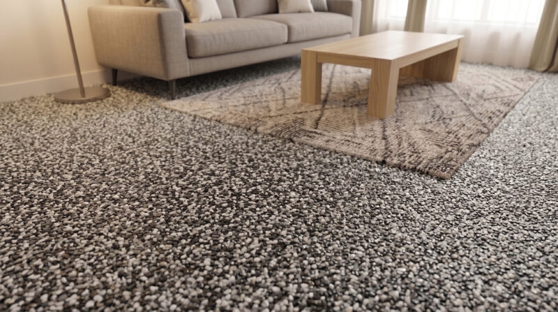 Grauer Teppich mit geometrischem Muster in modernem Wohnzimmer mit Sofa und Holztisch