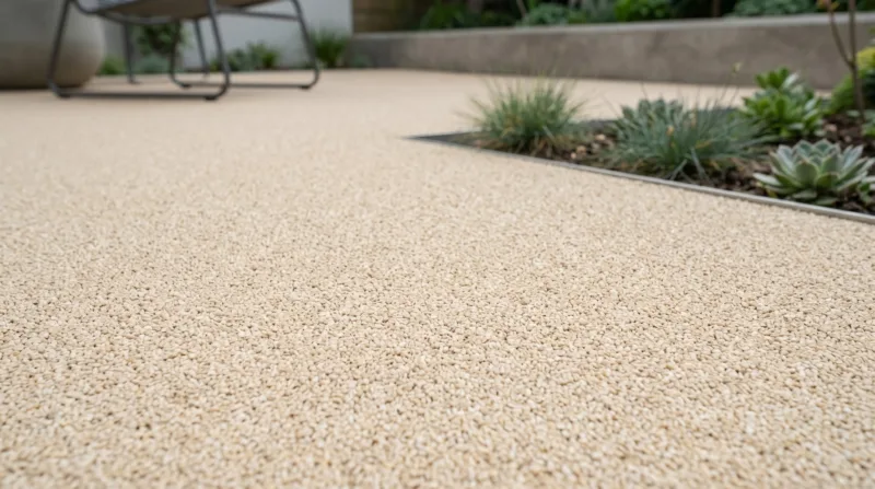 Beiger Steinteppich auf Terrasse mit Pflanzen im Hintergrund