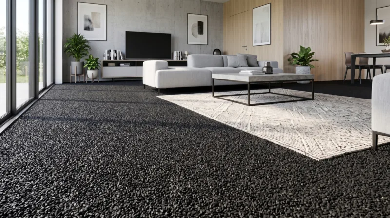 Wohnzimmer mit schwarzem Teppichboden, weißem Sofa, Holzwand und großen Fenstern