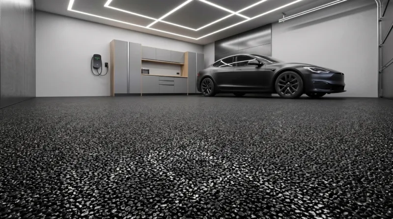 Schwarzes Elektroauto in moderner Garage mit Ladestation und Schränken