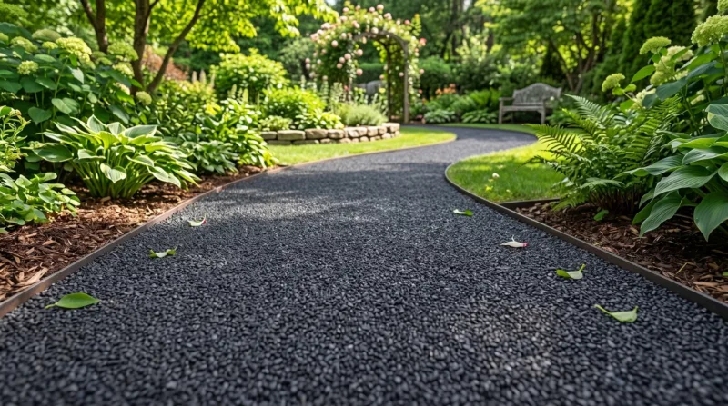 Geschwungener Gartenweg aus schwarzem Kies, umgeben von grünen Pflanzen und einem Rosenbogen im Hintergrund