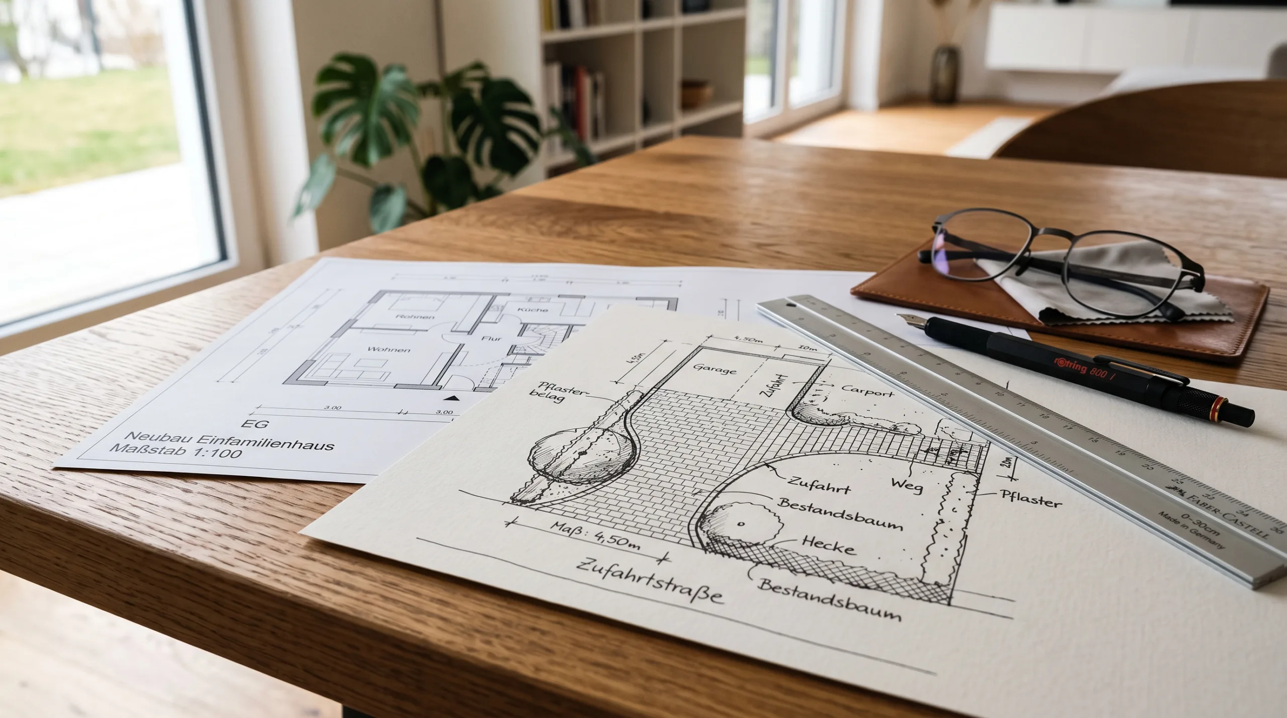 Architektonische Skizze auf Holztisch mit Lineal, Brille und Stift